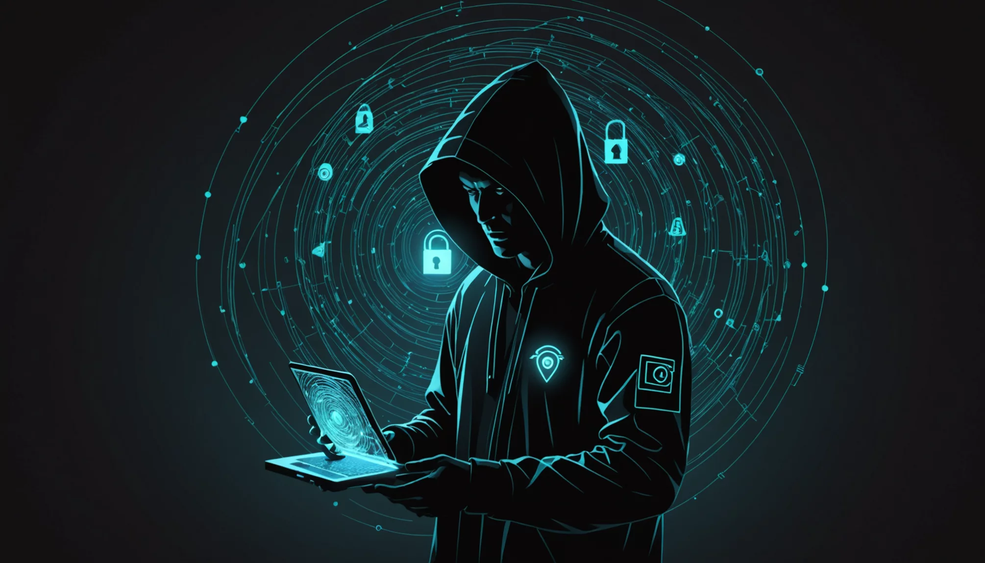 A person in a hoodie uses a laptop, surrounded by digital lock icons and circuit patterns, hinting at cybersecurity or hacking. It's a reminder of what scammers can do with your email, shedding light on potential vulnerabilities.