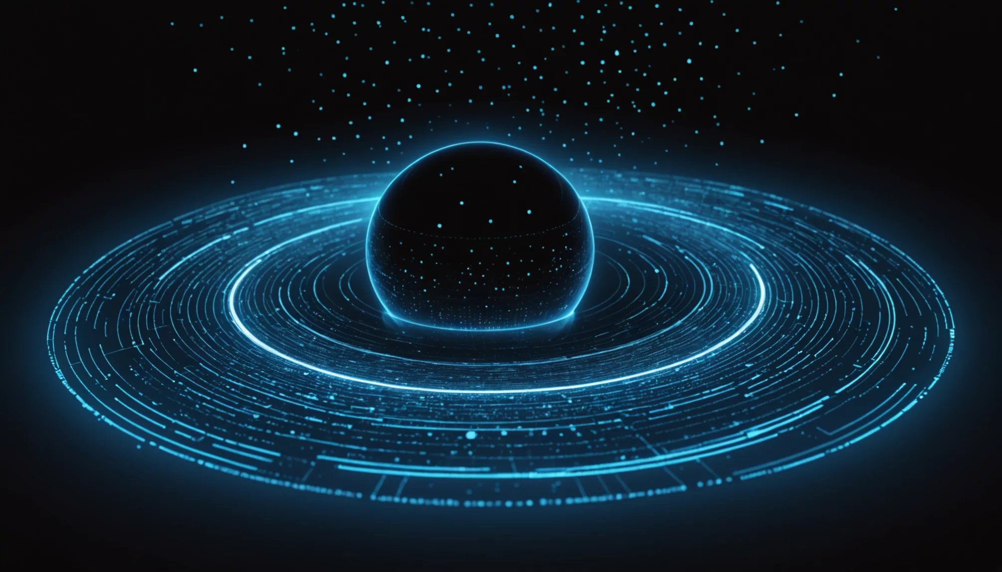 A glowing blue sphere, like a factory reset computer without password, is surrounded by circular digital rings on a dark background, with small particles scattered above.