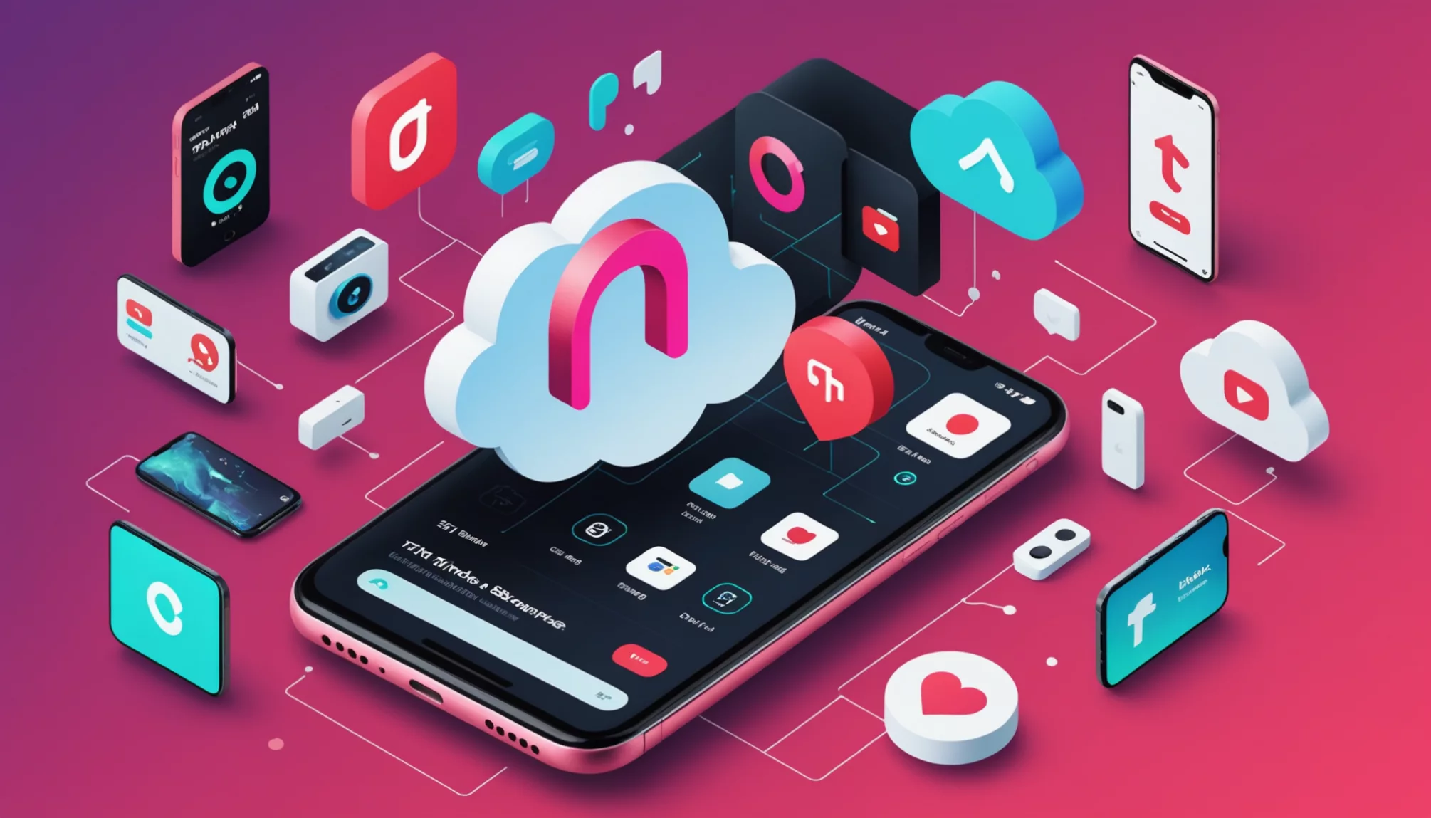 A smartphone screen shows various app icons, including a storage-hogging TikTok, with more icons and clouds floating above against a pink and blue gradient background.