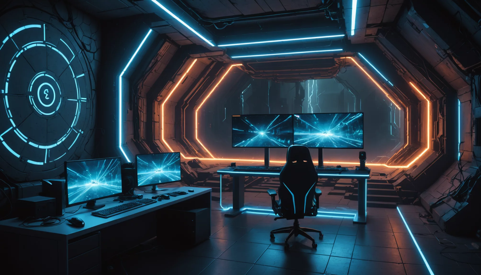 Experience a futuristic gaming setup with multiple monitors, neon lighting in blue and orange, and a sleek gaming chair in a sci-fi themed room. Plus, enhance your gameplay performance as you explore whether using a VPN helps with ping reduction.