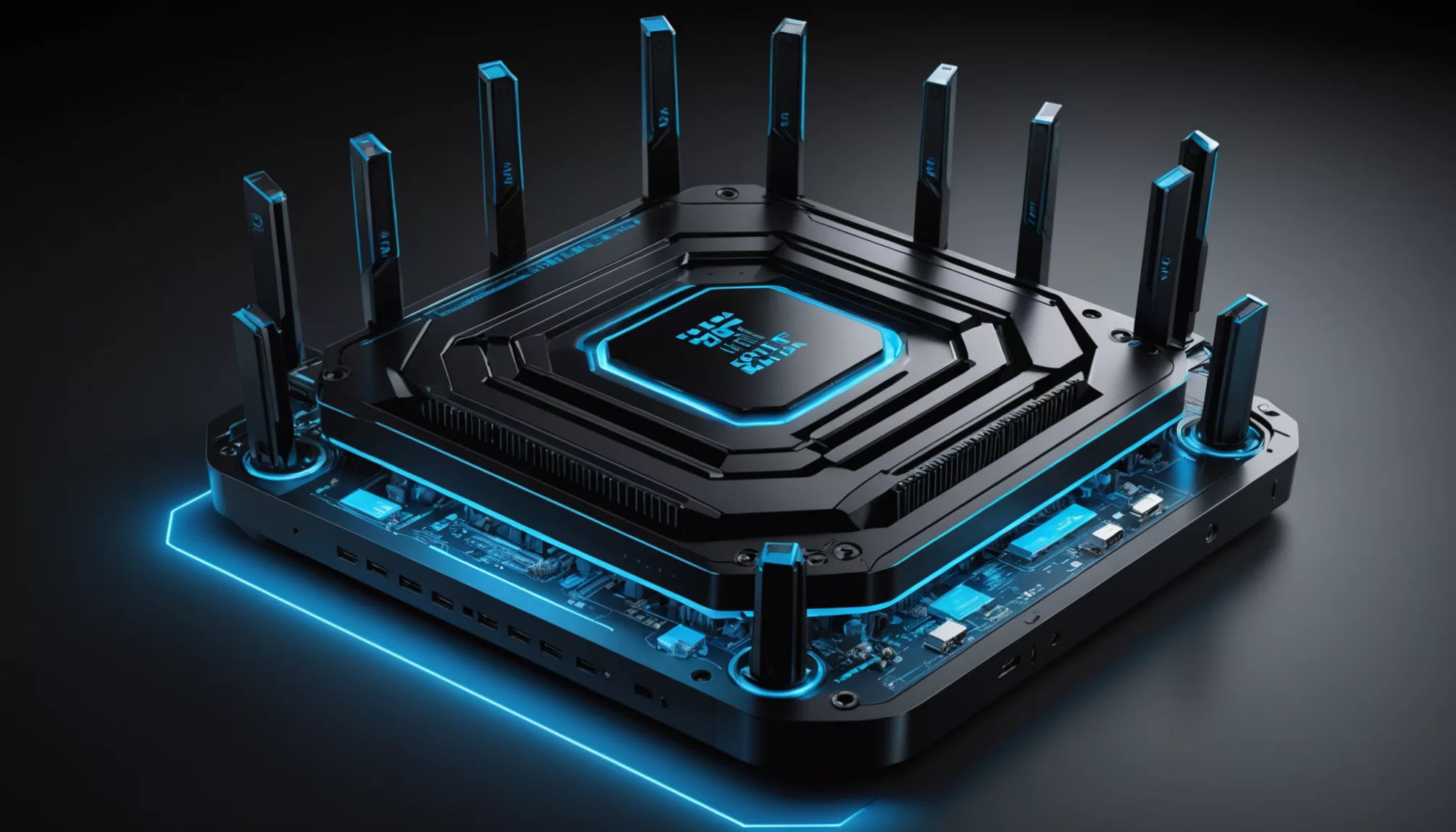 This futuristic device, resembling a high-tech gaming router, features a hexagonal, layered structure illuminated with blue lights. It's surrounded by vertical black components, showcasing how gaming routers work to enhance connectivity and speed.