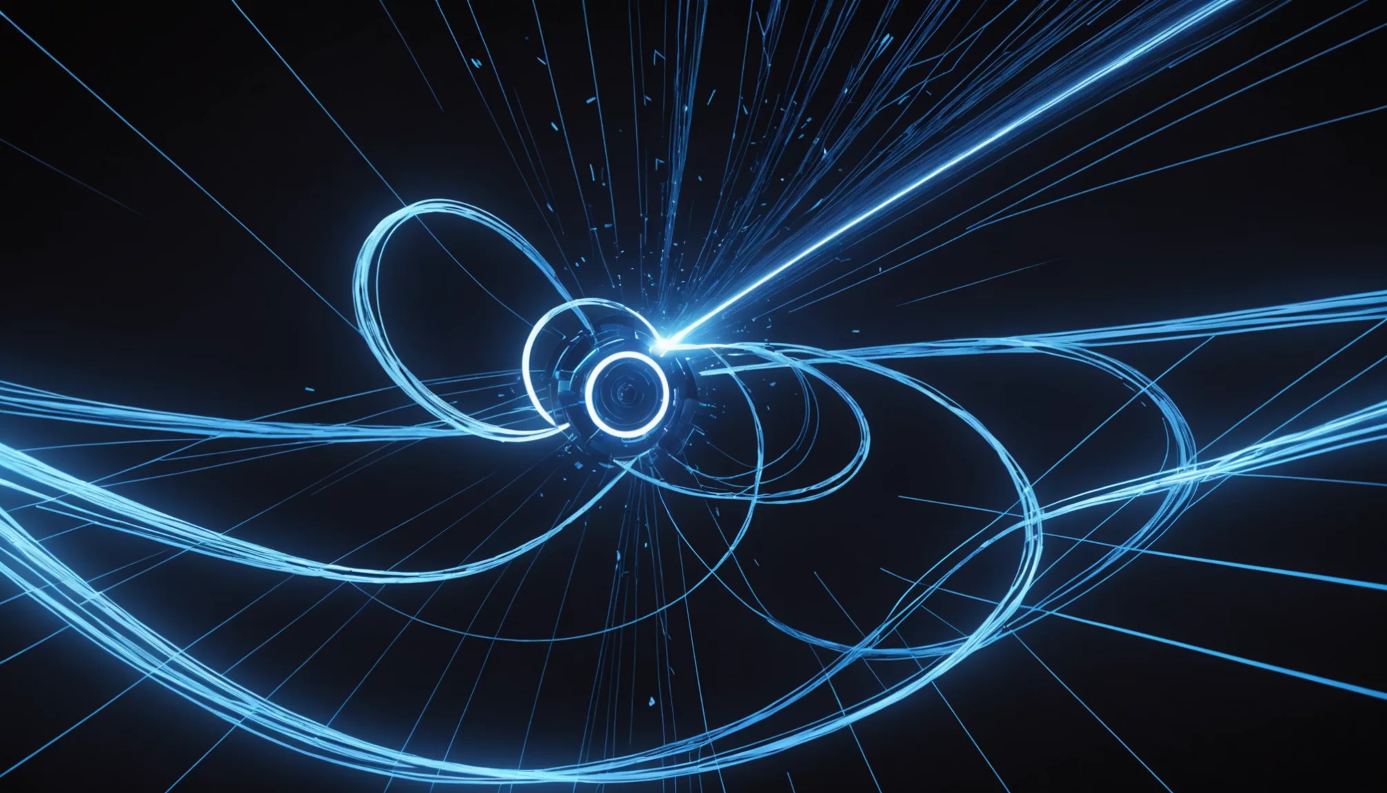 Abstract image of intertwining blue light trails on a dark background, symbolizing the best connection speed for PS5 gaming.