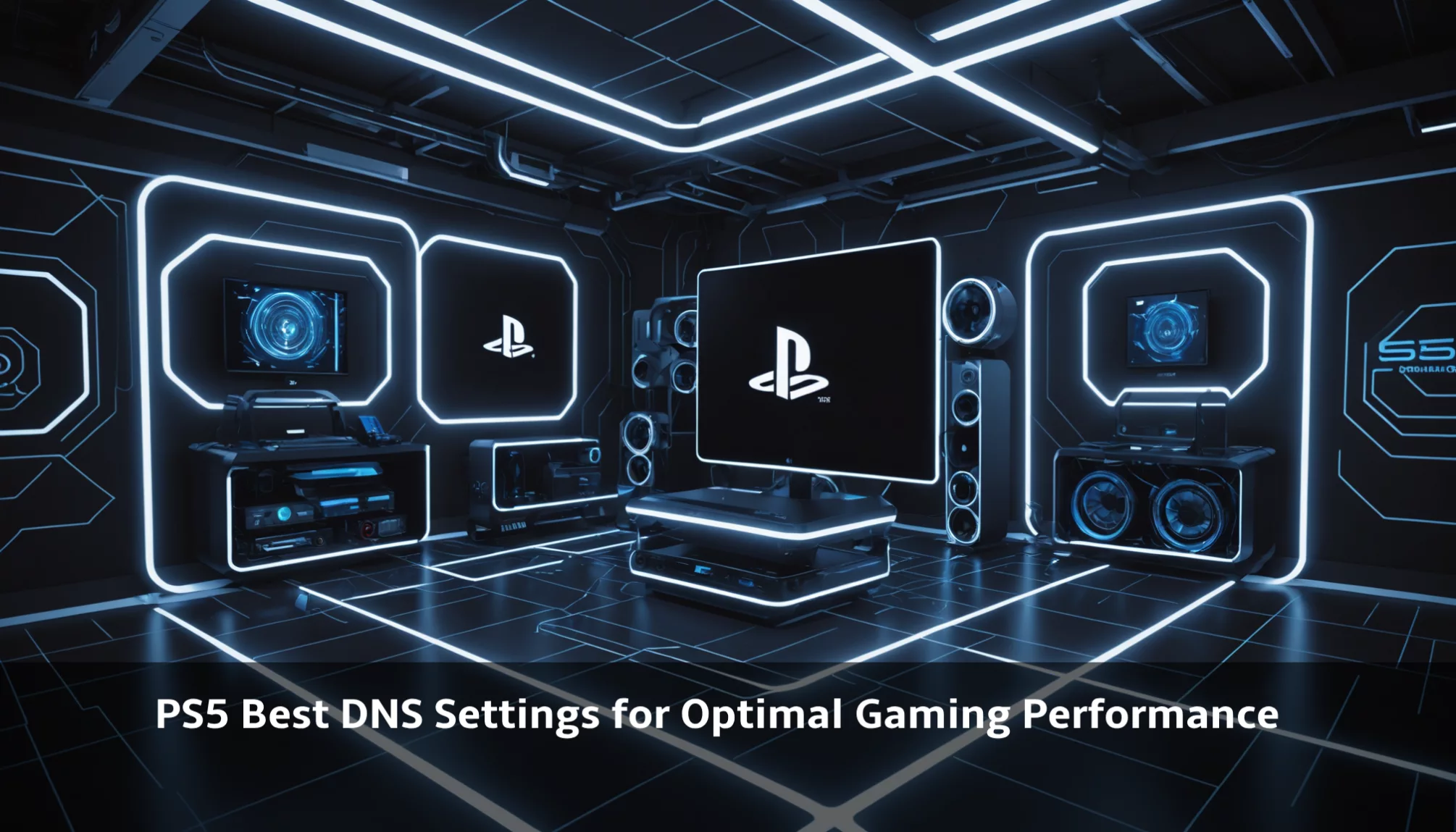 Step into a futuristic gaming room where PS5 consoles and accessories bask under glowing blue lights. Discover the 