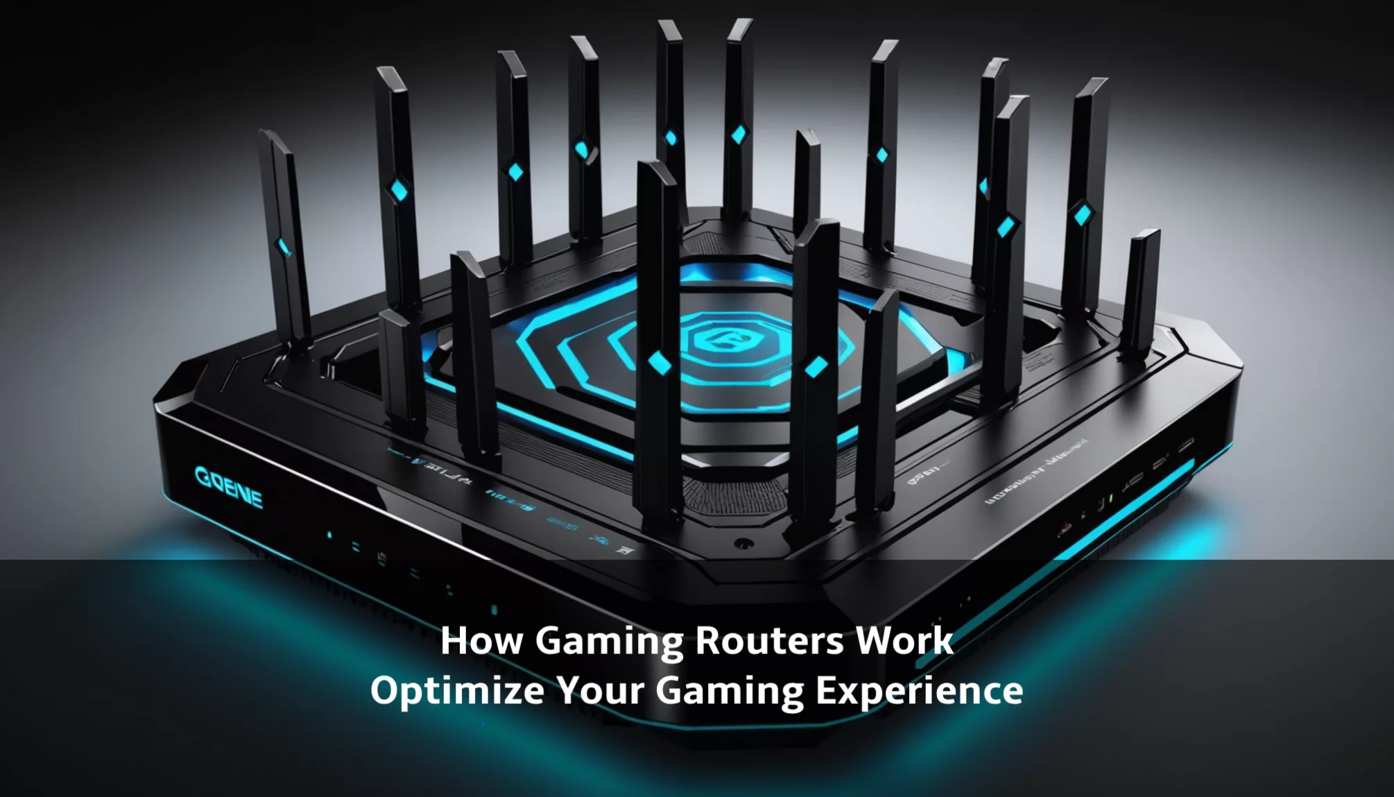 A futuristic gaming router with multiple antennas and glowing blue accents. It showcases the power of advanced technology, ensuring you know how gaming routers work to optimize your experience. Text overlay: 