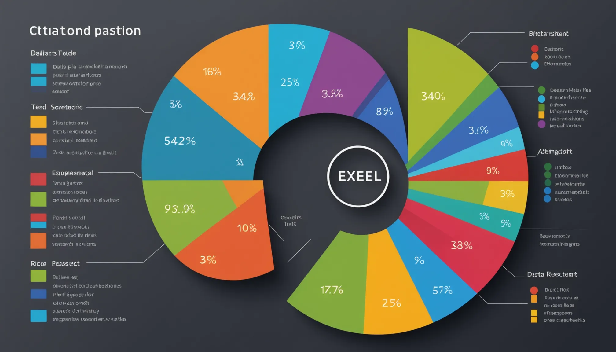 Alternative Approaches to Showing Percentages with Pie Chart Data A colorful circular chart divided into sections with percentages, each labeled with categories like Dallant Tude and Teal Sevbotrac, illustrates data distribution—perfect for understanding how to add percentages to a pie chart in Excel.
