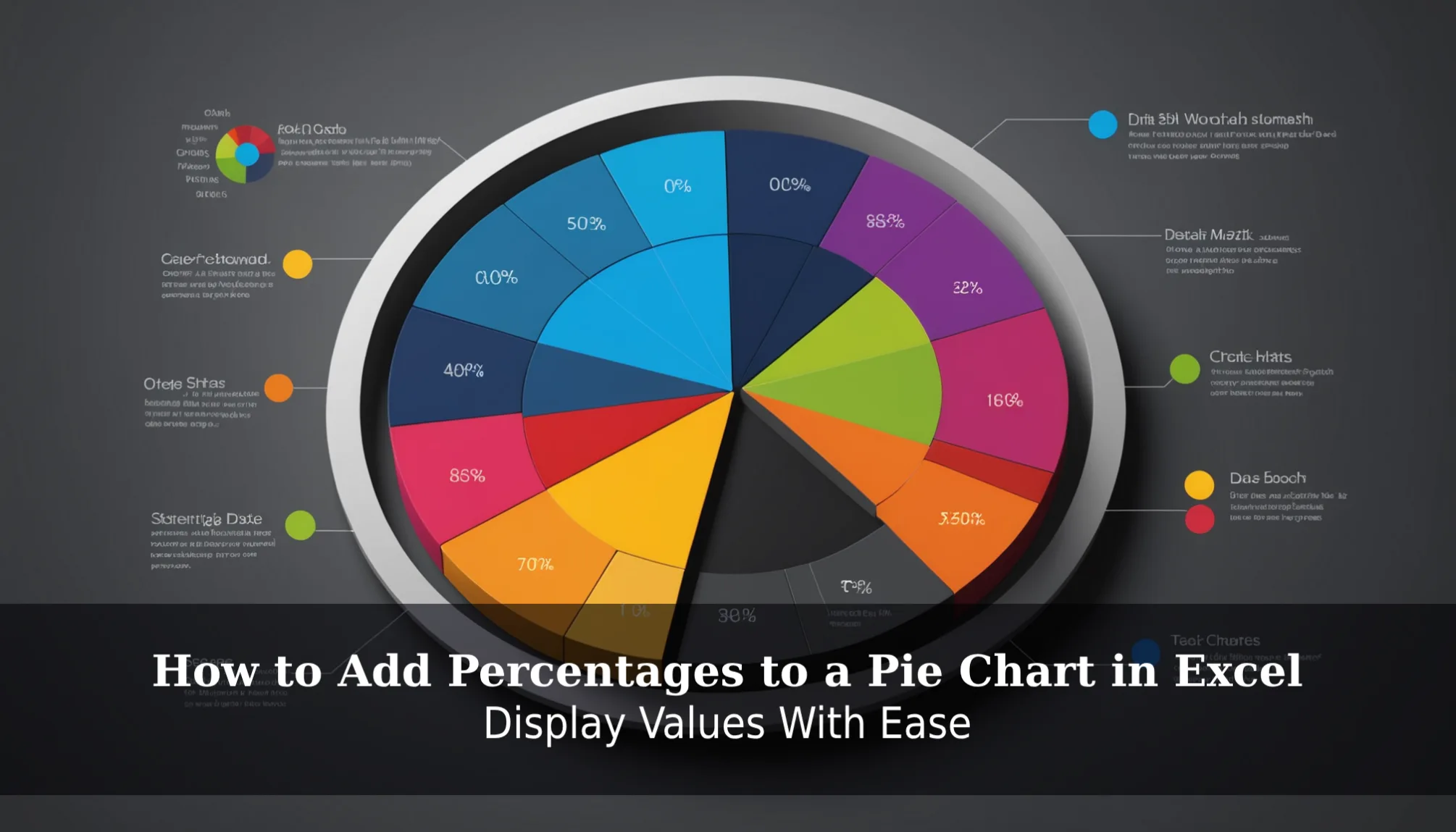 A colorful 3D pie chart with ten labeled sections illustrates data distribution and percentages. Overlaid with the text, 