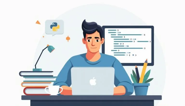 A person sits at a desk with a laptop, books, coffee cup, and plant, with a programming code and Python logo displayed on a screen in the background.