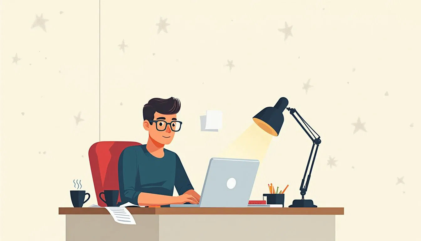 A focused man types code at a cluttered desk.