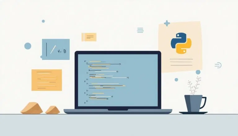 Illustration of a laptop displaying code, with Python programming language icons and notes on the wall, and a coffee cup on the desk.