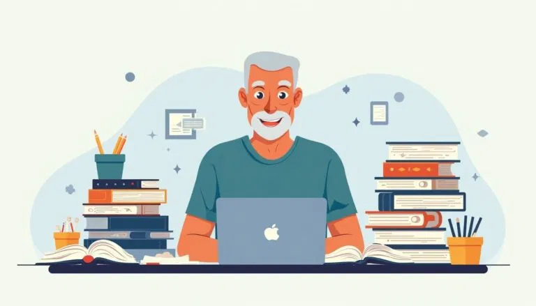 An older man with gray hair works on a laptop at a desk surrounded by books, papers, and stationery items.