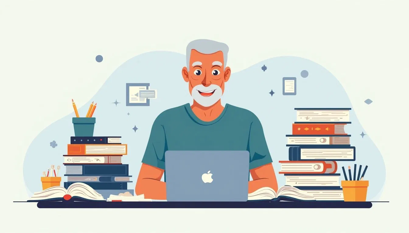 An older man with gray hair works on a laptop at a desk surrounded by books, papers, and stationery items.