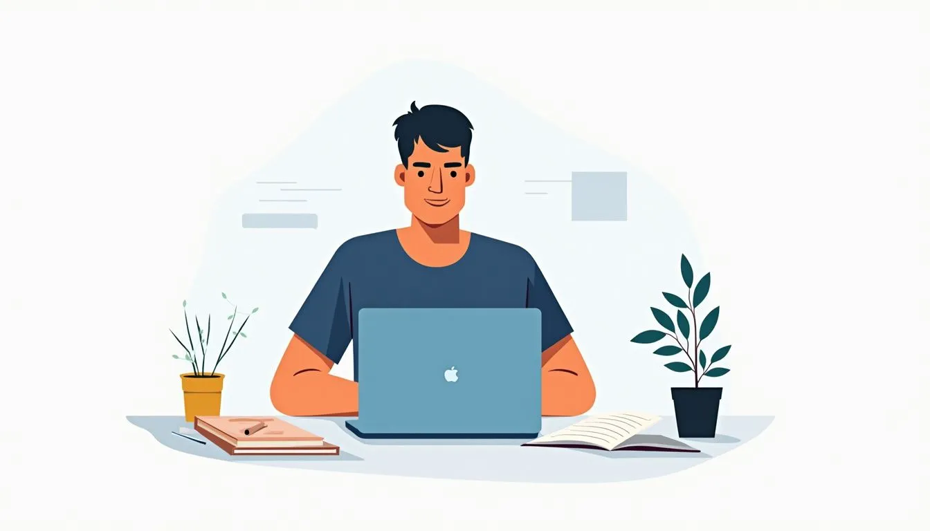 Illustration of a person sitting at a desk with a laptop, two potted plants, books, and papers, against a plain background.