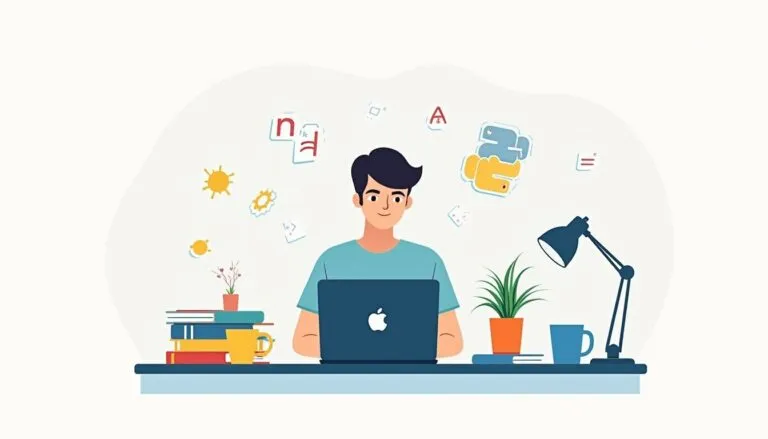 Illustration of a person sitting at a desk with a laptop, surrounded by books, a lamp, a plant, and programming icons floating in the background.