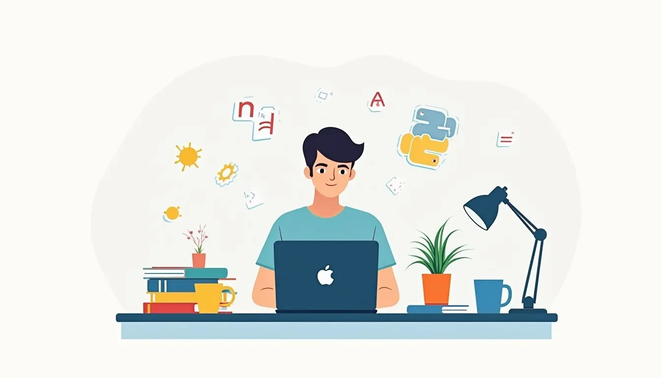 Illustration of a person sitting at a desk with a laptop, surrounded by books, a lamp, a plant, and programming icons floating in the background.