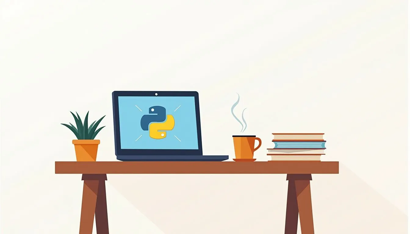A laptop displaying the Python logo sits on a desk with a potted plant, a cup of steaming coffee, and a stack of books.