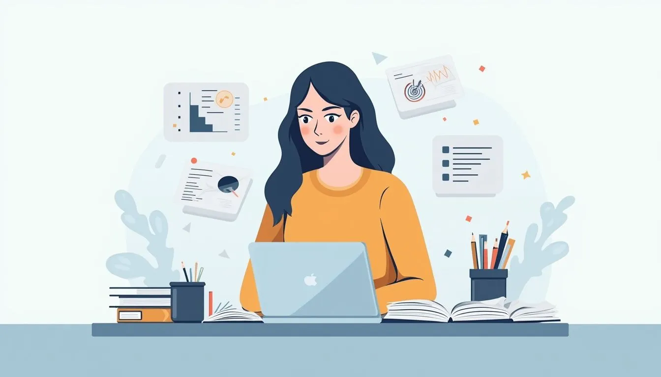 Illustration of a woman working on a laptop at a desk with books, stationery, and charts floating in the background.