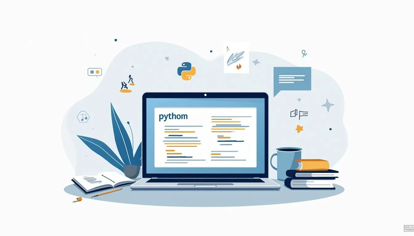 Flat vector illustration of a laptop displaying Python code and minimal icons.