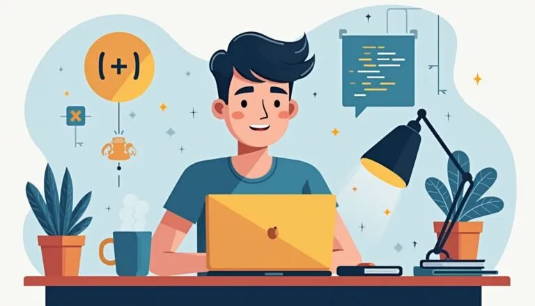 A person sits at a desk with a laptop, coffee mug, books, and plants, with tech-themed icons and a lamp in the background, suggesting a programming or remote work setting.