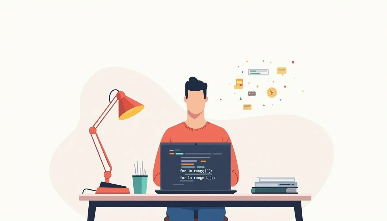 Minimalist workspace illustration featuring a person coding in Python.