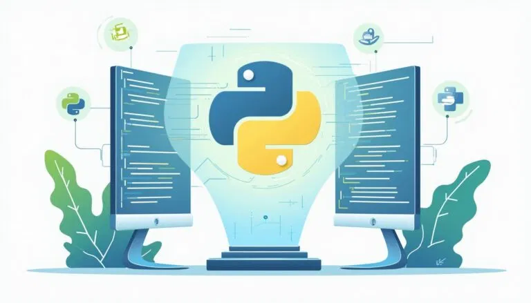 Two computer monitors display code beside a large Python logo, surrounded by programming symbols and digital design elements.
