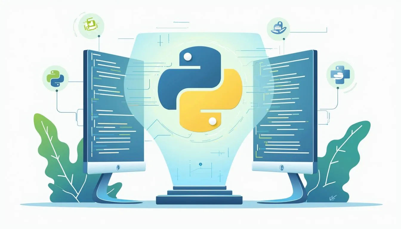 future of python 422665584 Two computer monitors display code beside a large Python logo, surrounded by programming symbols and digital design elements.