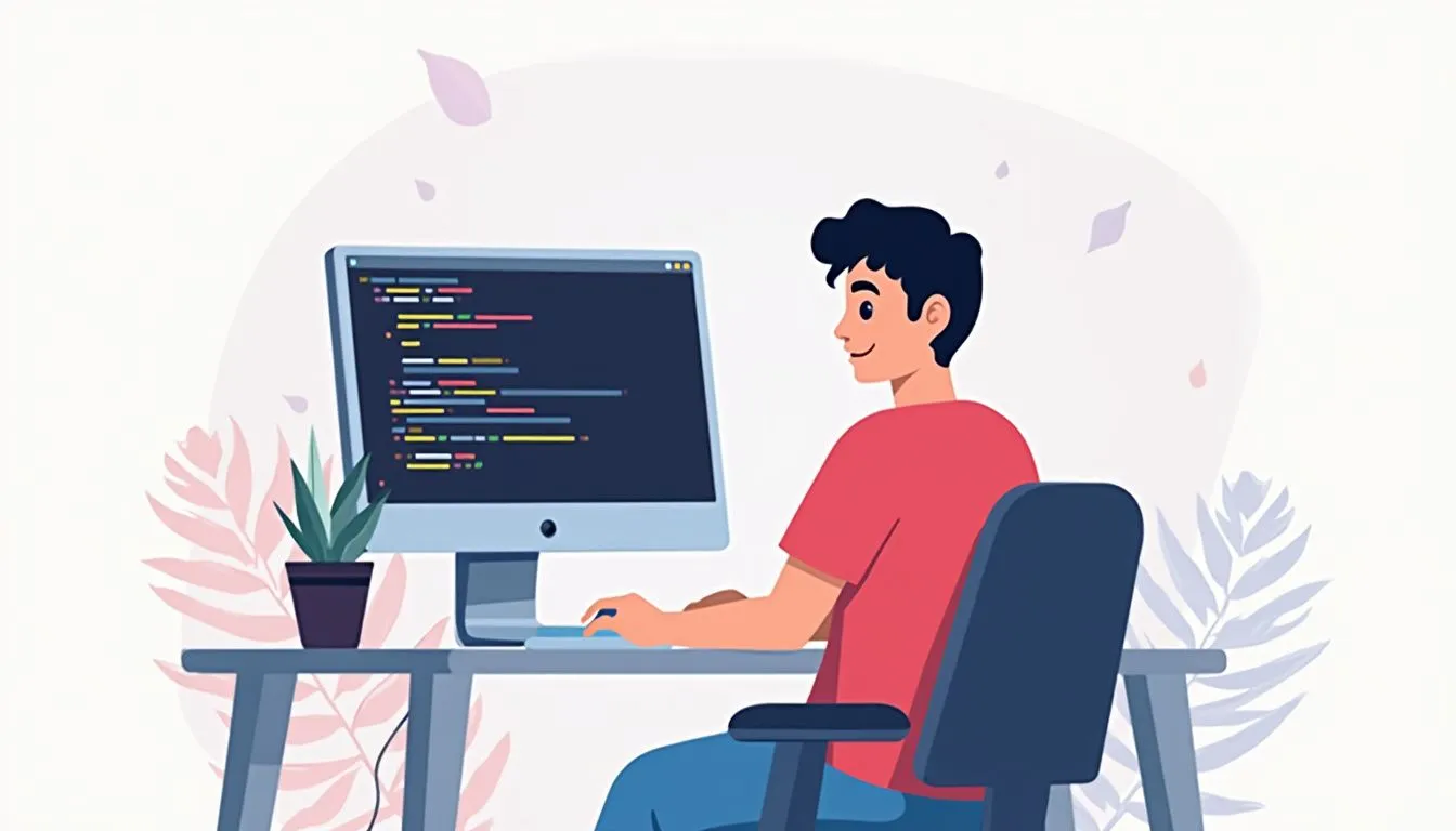 Minimalist illustration of a person coding on a computer at a desk.
