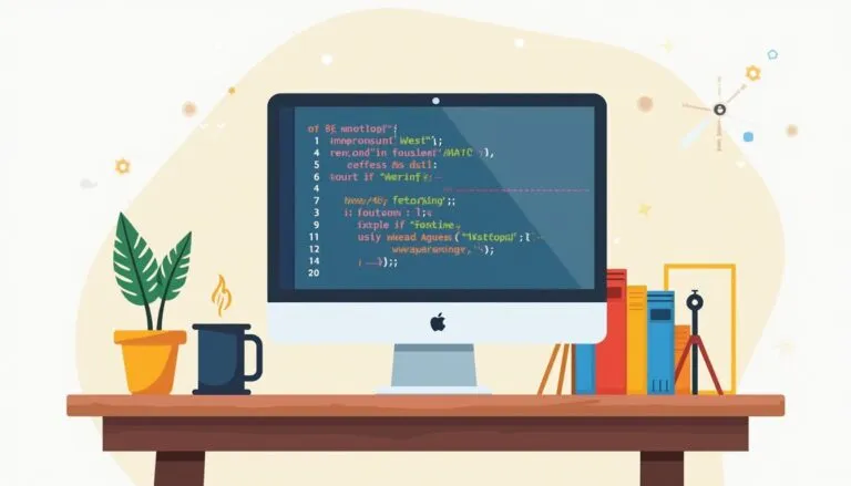 A computer on a desk displays code on its screen, surrounded by a potted plant, coffee mug, books, and stationery against a light background.