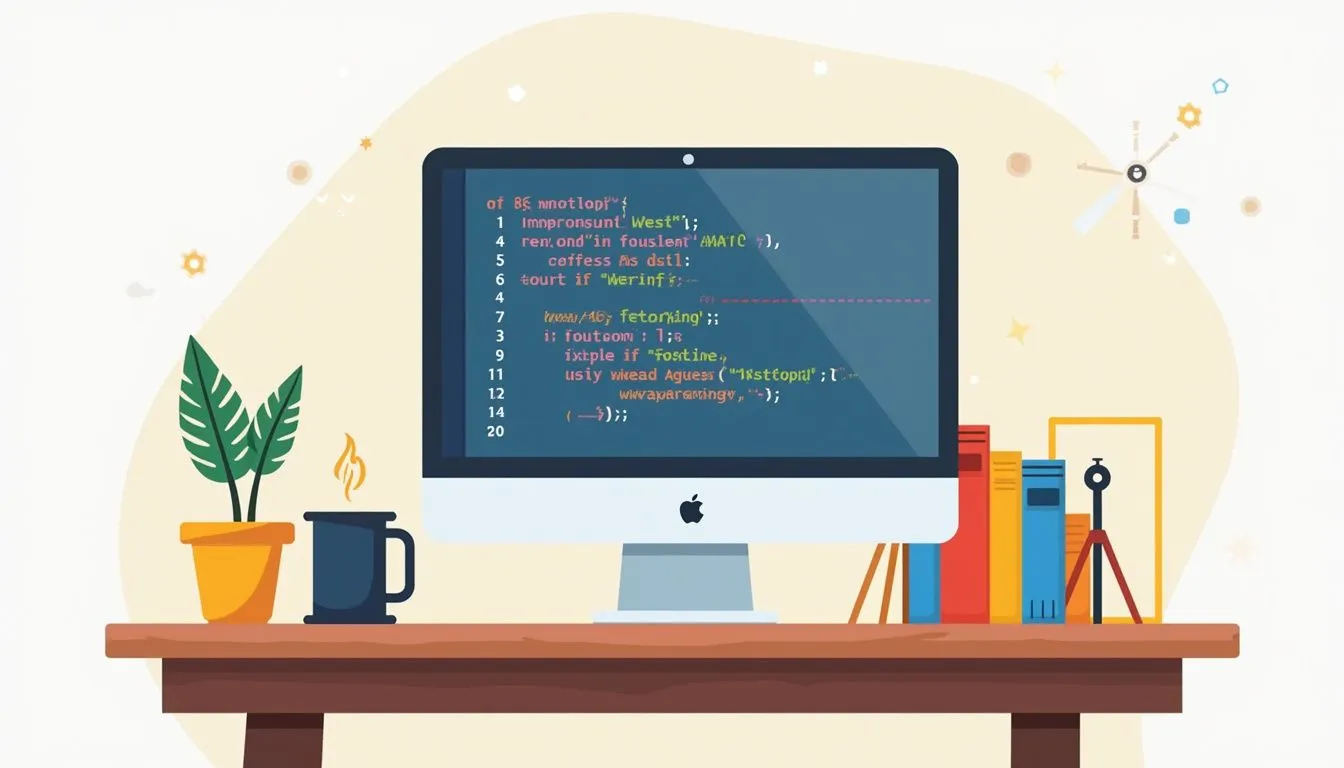 A computer on a desk displays code on its screen, surrounded by a potted plant, coffee mug, books, and stationery against a light background.