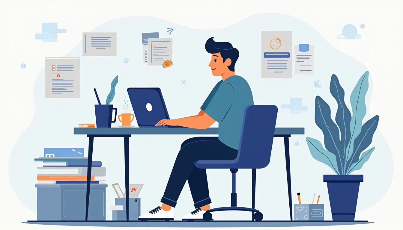 A person sits at a minimalist desk coding in Python.