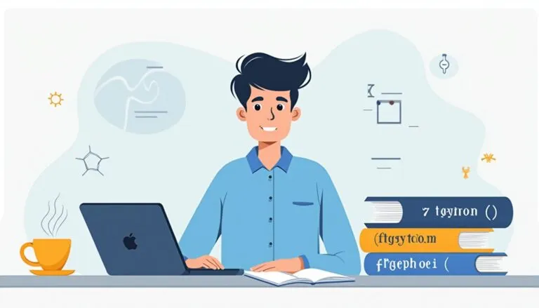 A person sits at a desk with a laptop, open book, and three stacked textbooks, with science-themed icons and a coffee cup nearby.