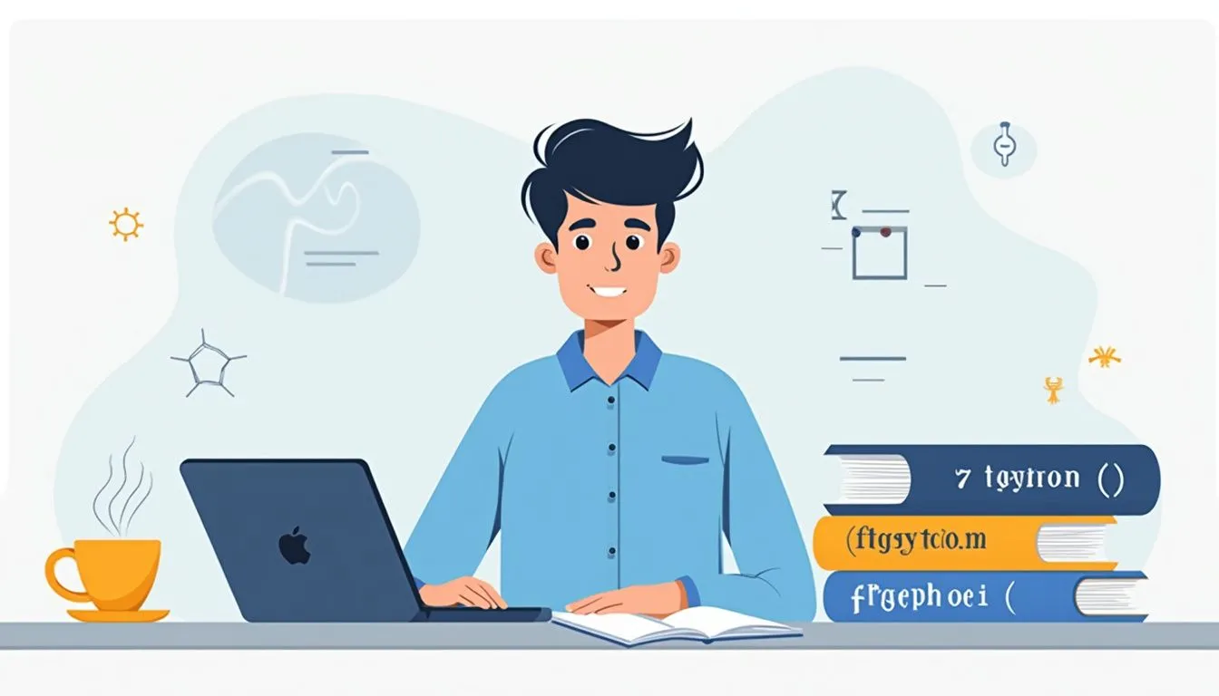 A person sits at a desk with a laptop, open book, and three stacked textbooks, with science-themed icons and a coffee cup nearby.