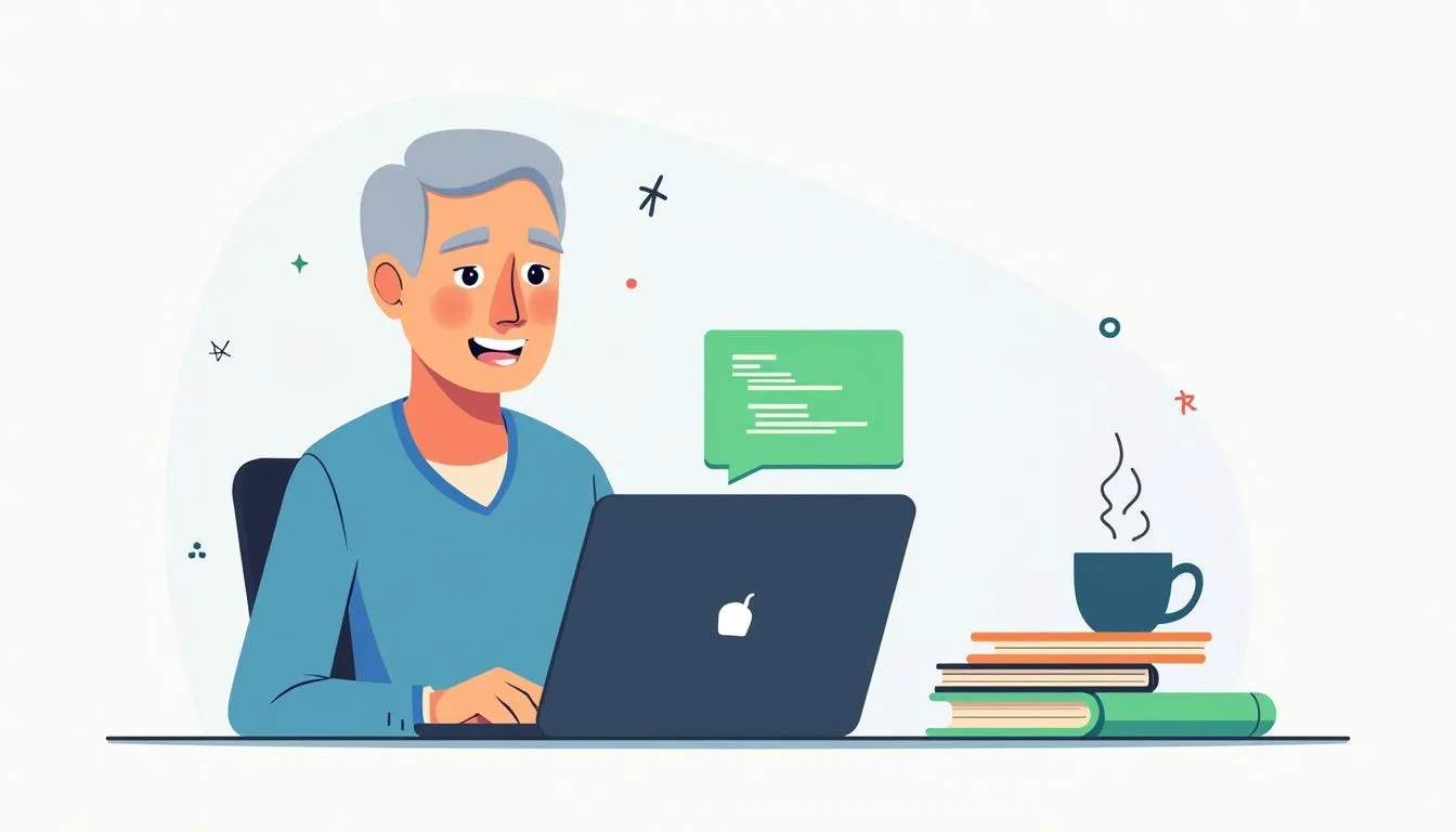 An older man with gray hair works on a laptop at a desk, with a stack of books and a steaming mug nearby; a chat bubble appears above the laptop screen.