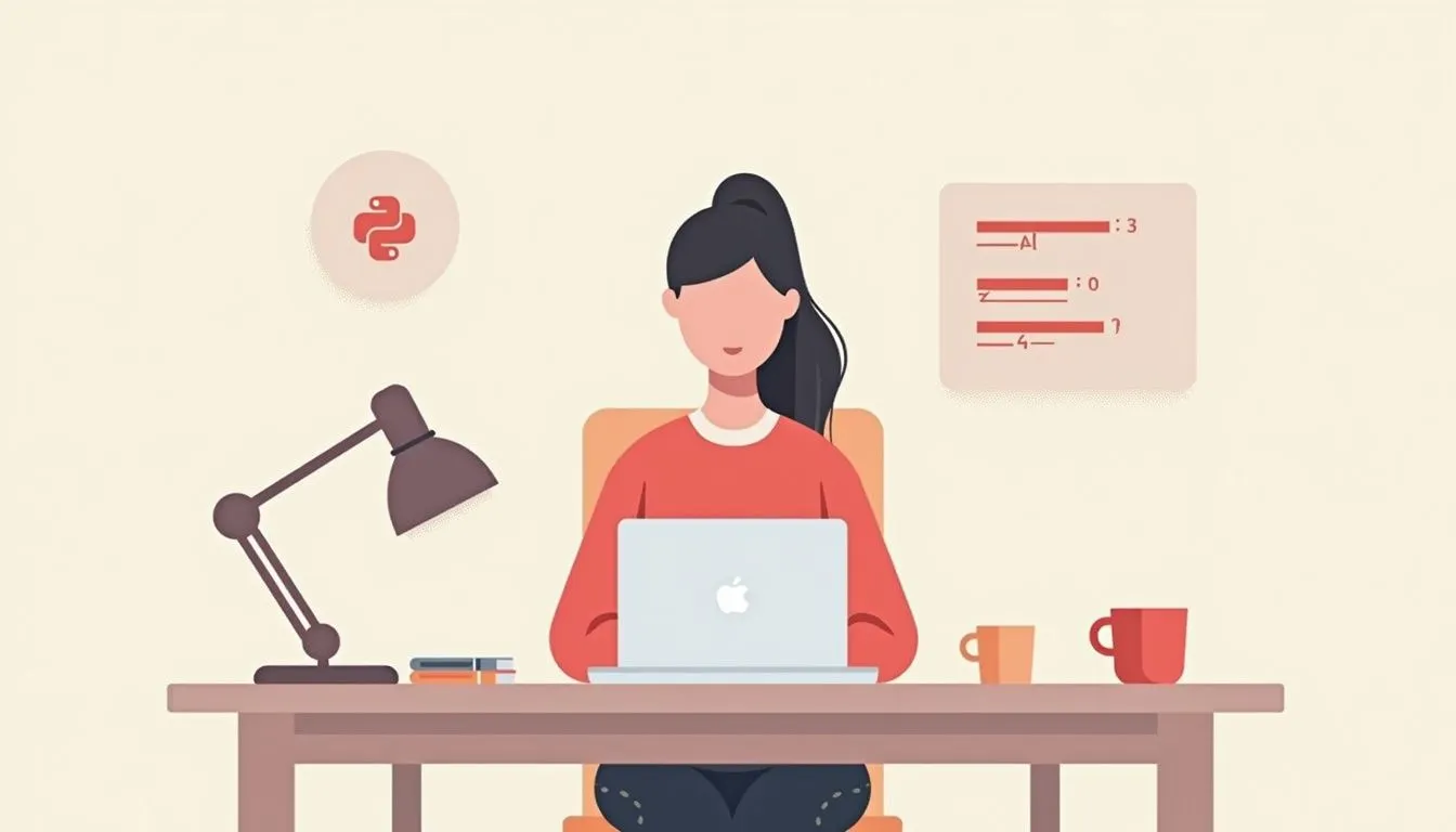 Minimalist vector illustration of a person working at a desk.