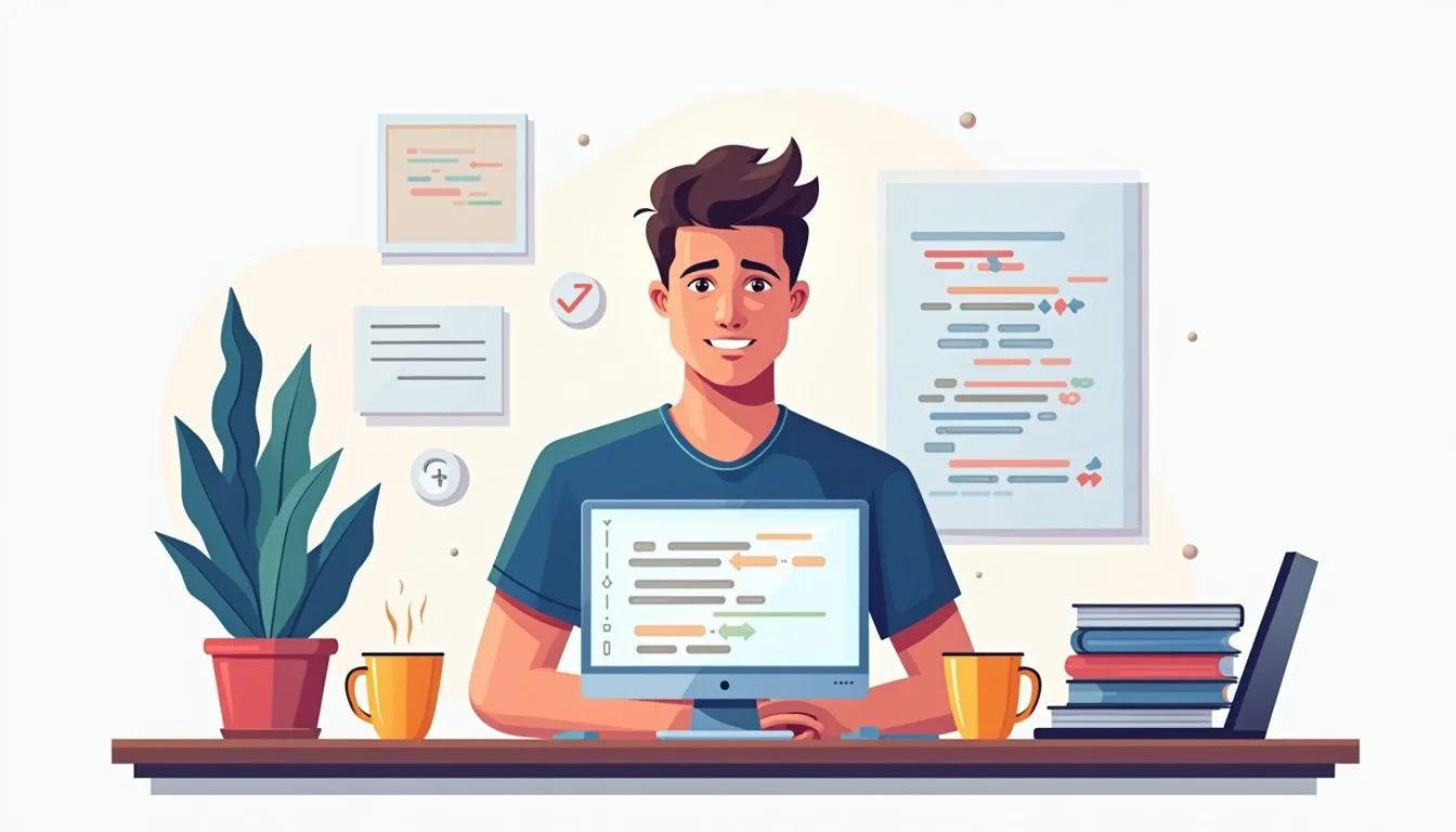 A person sits at a desk with a computer displaying code, surrounded by coffee cups, books, a plant, and wall charts with notes and diagrams.