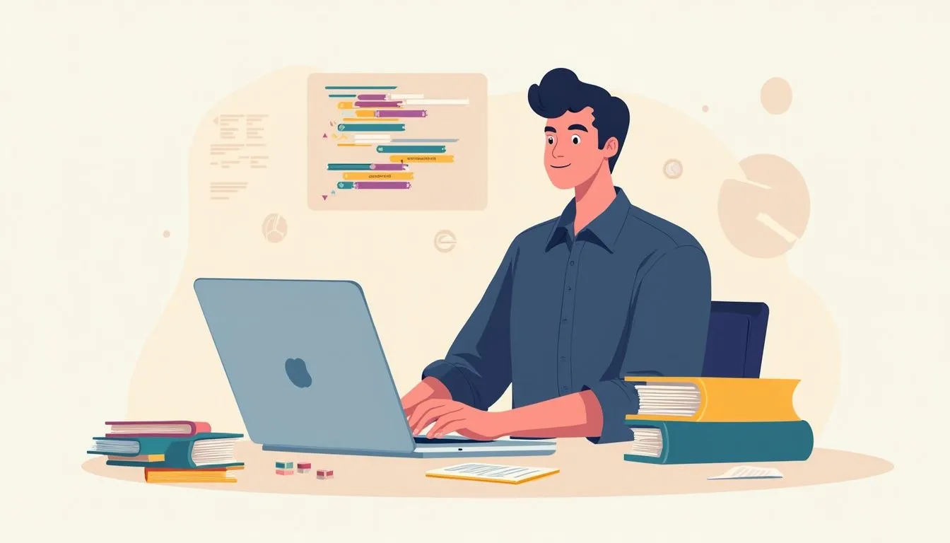 Young man working on a laptop with programming books around him. Young man working on a laptop with programming books around him.