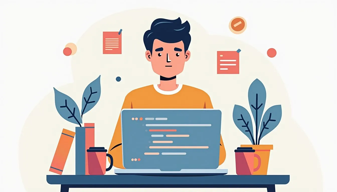 Illustration of a person sitting at a desk with a laptop, surrounded by books, plants, coffee cups, and notes on the wall, appearing focused on their work.