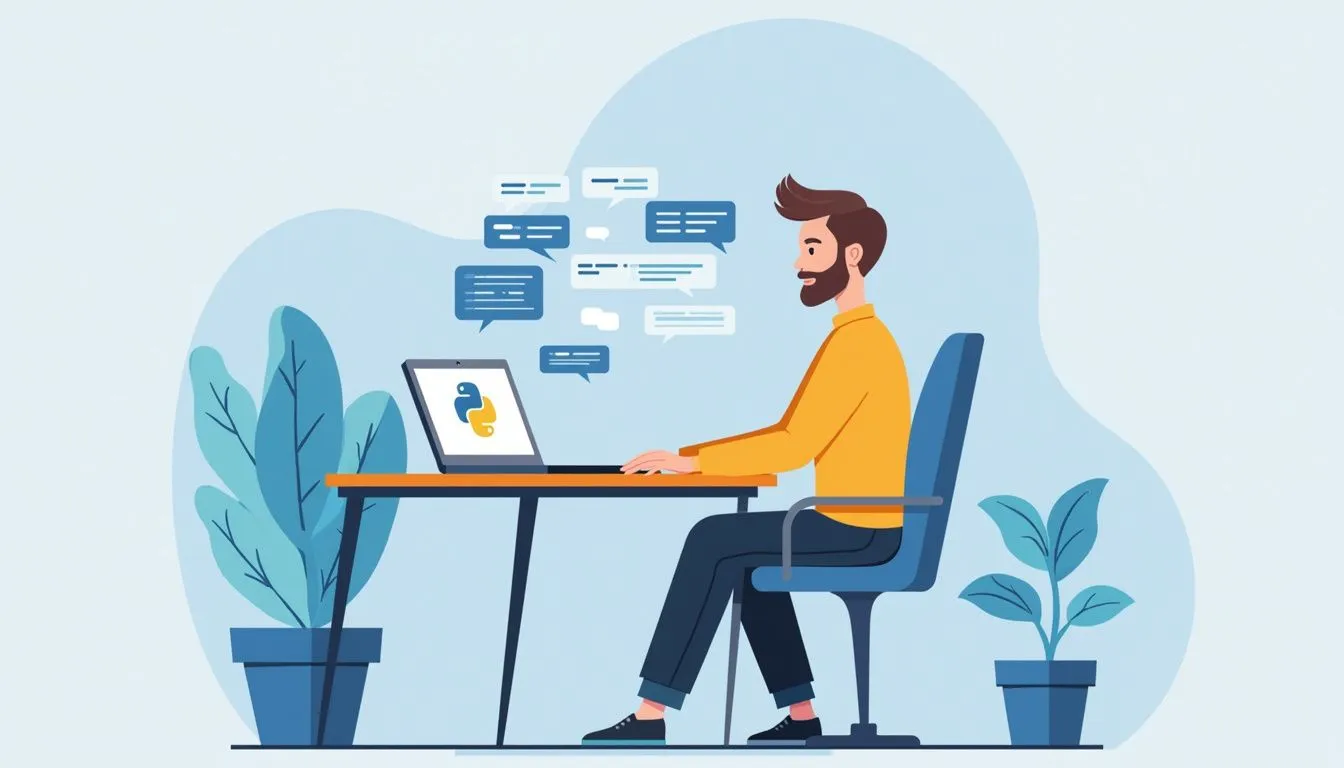 Illustration of a man working on a laptop with the Python logo, surrounded by floating chat bubbles, at a desk with potted plants.