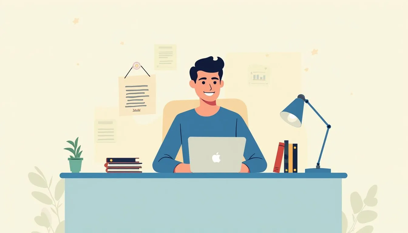 Illustration of a man smiling while working on a laptop at a desk with books, a lamp, a plant, and documents on the wall in the background.