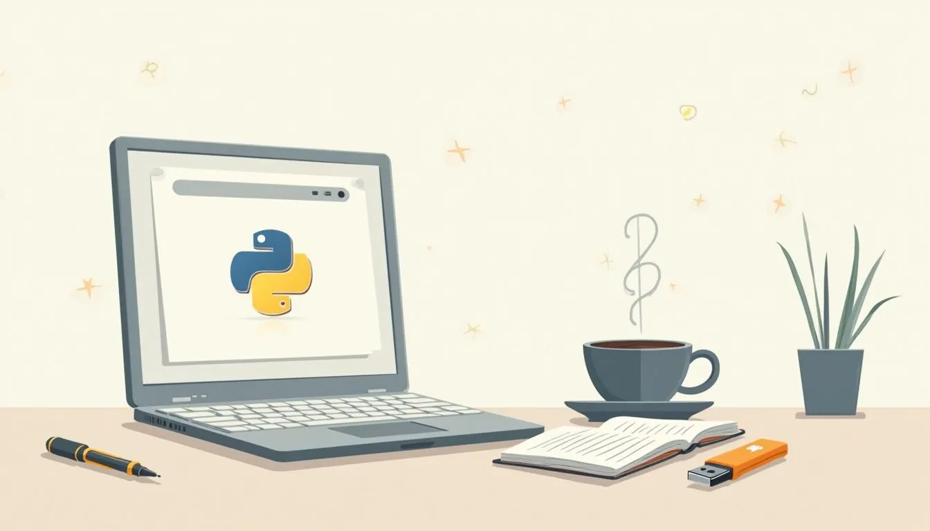 Minimalist workspace illustration with Python setup and coffee.