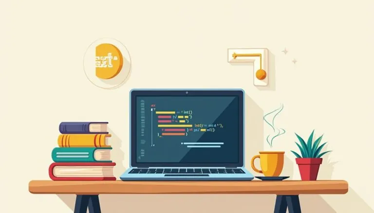 A laptop displaying code sits on a desk with a stack of books, a coffee cup, and a potted plant. Wall decor hangs in the background.
