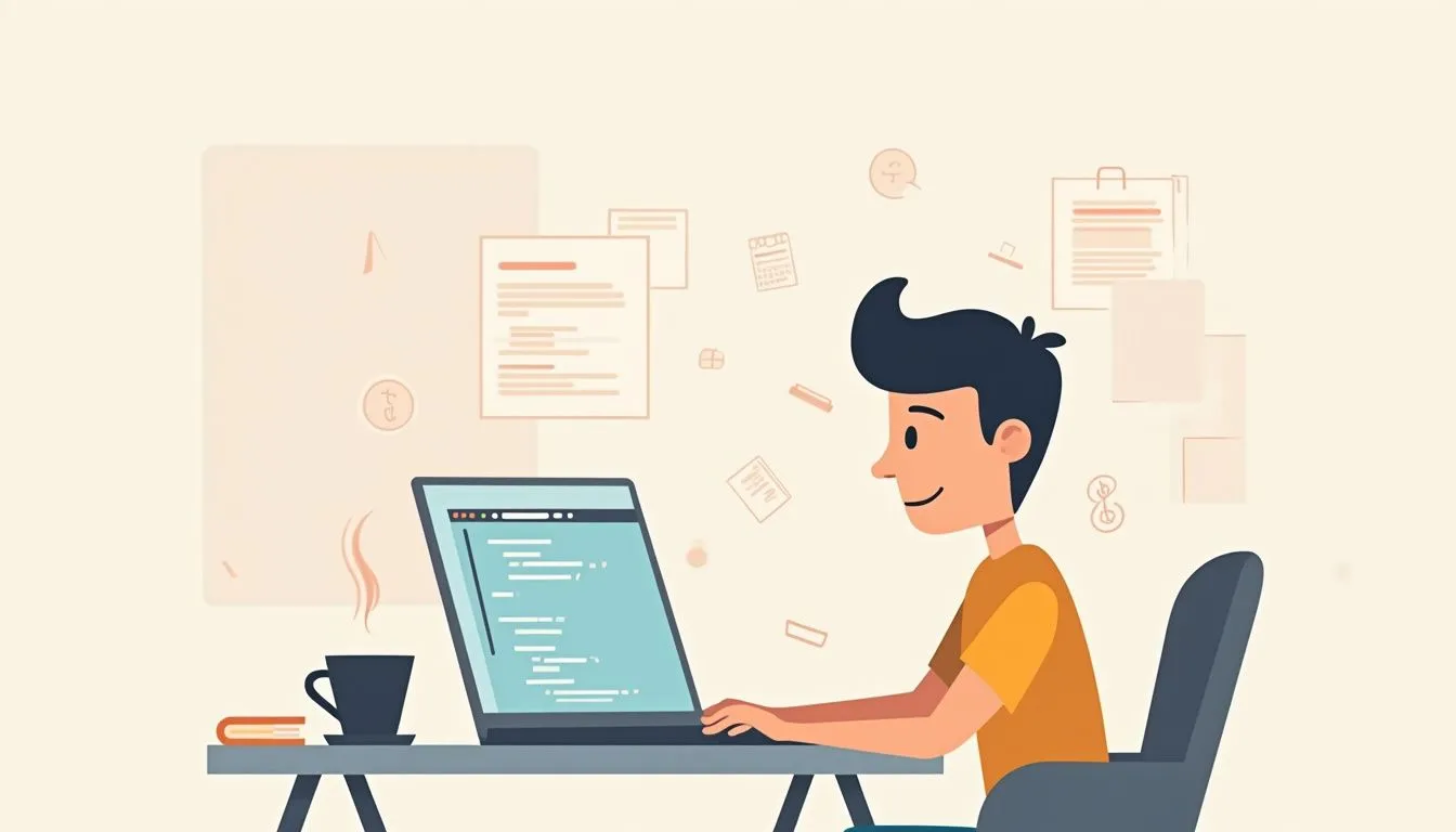 Minimalist illustration of a person working at a desk with a laptop. Minimalist illustration of a person working at a desk with a laptop.