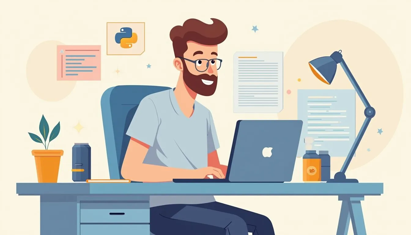 is python a compiled language 422663273 A person with glasses works on a laptop at a desk with a plant, coffee, lamp, and programming-related posters on the wall.