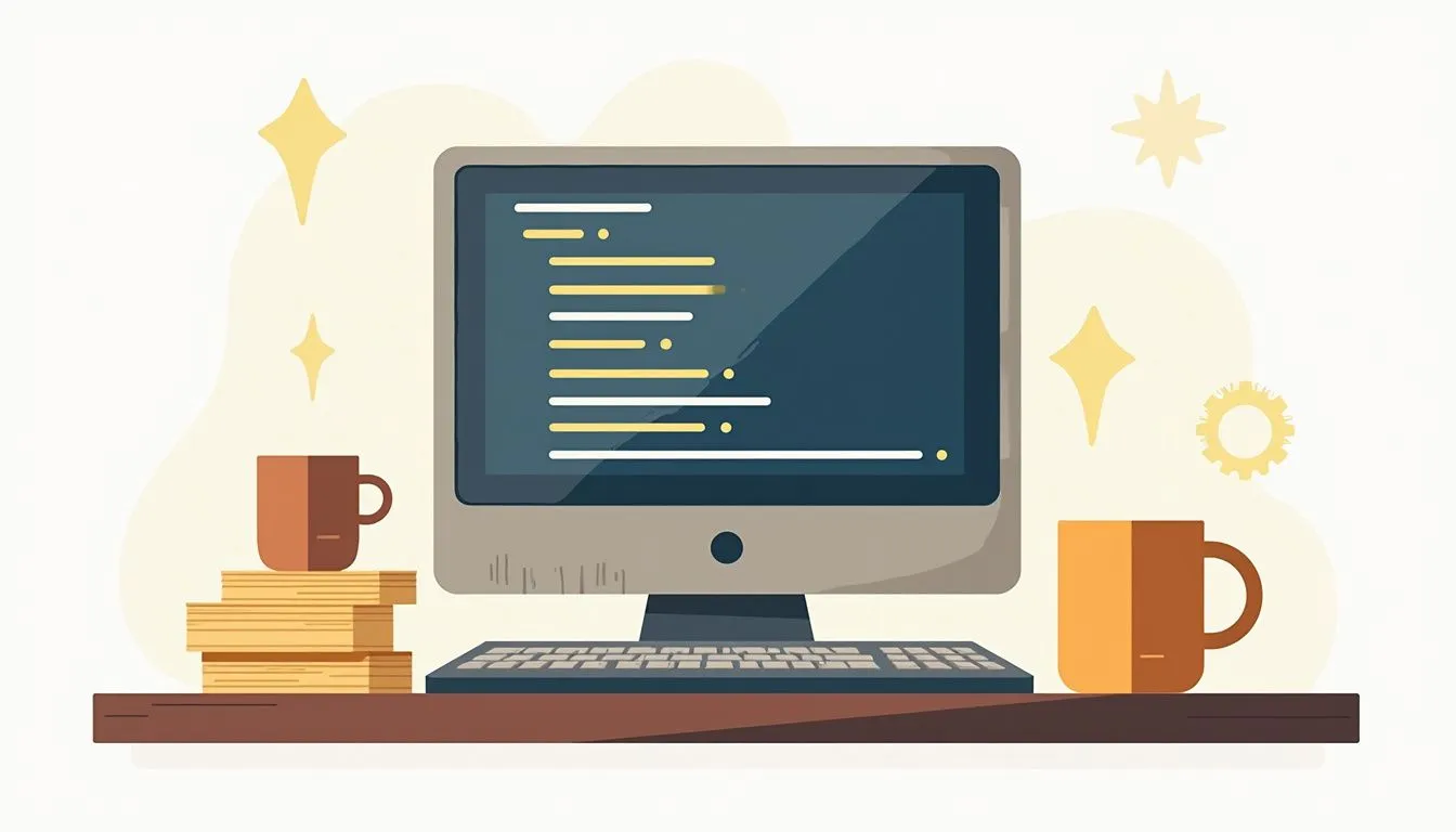 is python a scripting language 422664129 Illustration of a computer monitor displaying code, with a keyboard, stacked books, and two coffee mugs on a desk, set against a backdrop with decorative shapes.
