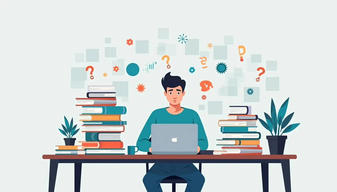 is python easy to learn 422666678 A person sits at a desk with a laptop, surrounded by stacks of books and plants, with question marks and symbols in the background, suggesting problem-solving or studying.