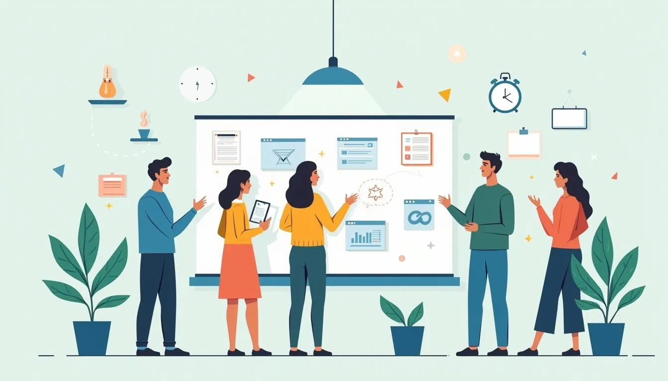 Five people stand and discuss in front of a large presentation board displaying charts, graphs, and documents, with plants and clocks in the background.