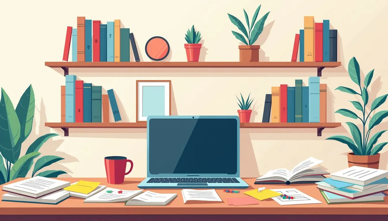 Flat illustration of a cluttered desk contrasted with a tidy shelf.