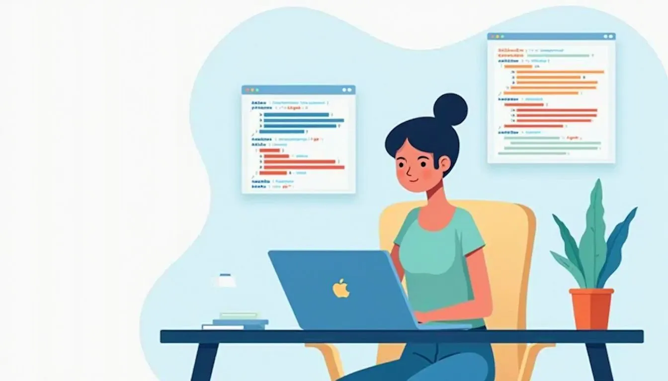 list to dictionary python 422680823 Illustration of a woman sitting at a desk working on a laptop, with programming code displayed on wall charts behind her and a potted plant nearby.