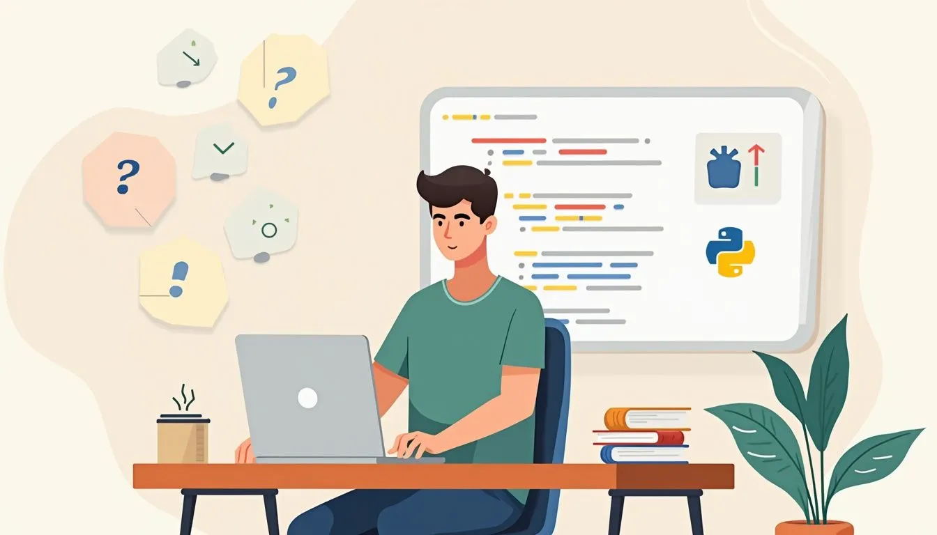 A minimalist illustration of a man coding at a desk.