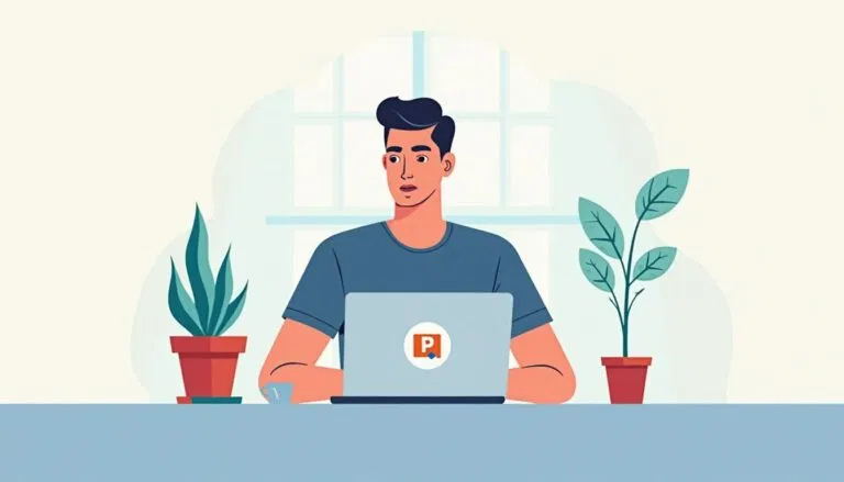 An illustrated person sits at a desk working on a laptop, with two potted plants on either side and a window in the background.