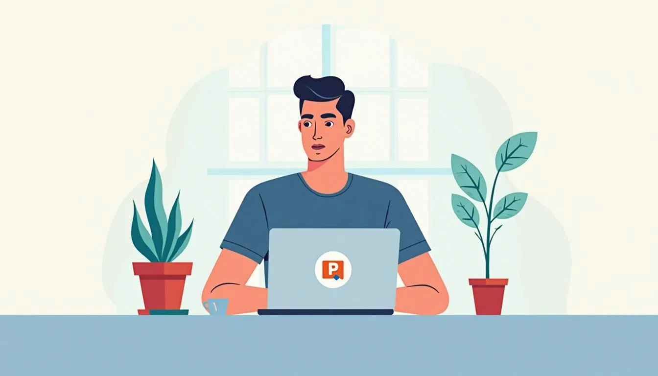 An illustrated person sits at a desk working on a laptop, with two potted plants on either side and a window in the background.